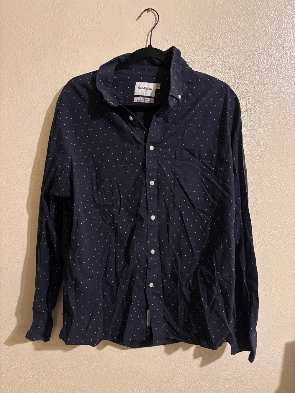 Goodfellow & Co Navy Blue Button-Up Dress Shirt with Subtle Dot Pattern